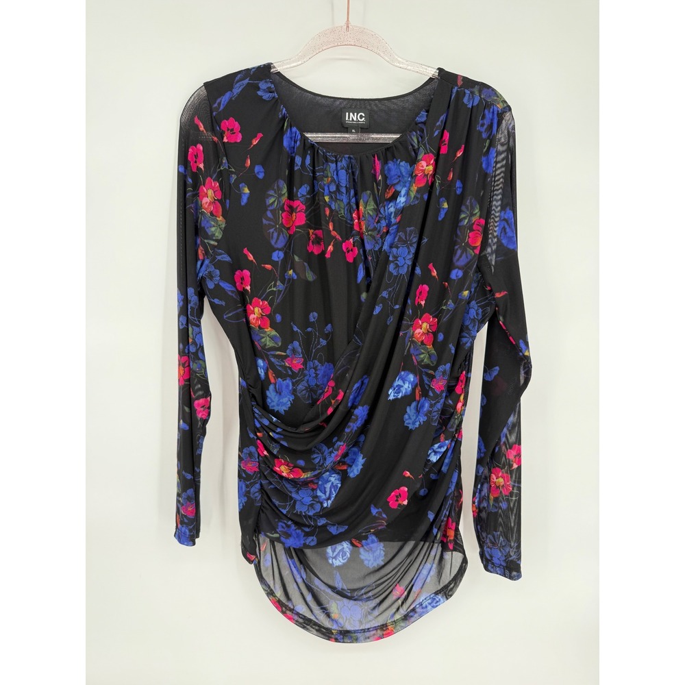 INC International Concepts Floral Print Top Blouse Black Womens Sz XL Faux‎ Wrap